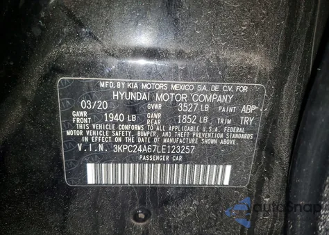 2020 Hyundai Accent Se z USA, uszkodzony, nr VIN 3KPC24A67LE123257